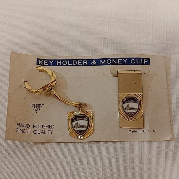 RARE VINTAGE GOLD TONE MONEY CLIP KEY CHAIN INDIANAPOLIS 500 RACE TRACK … - Picture 1 of 4